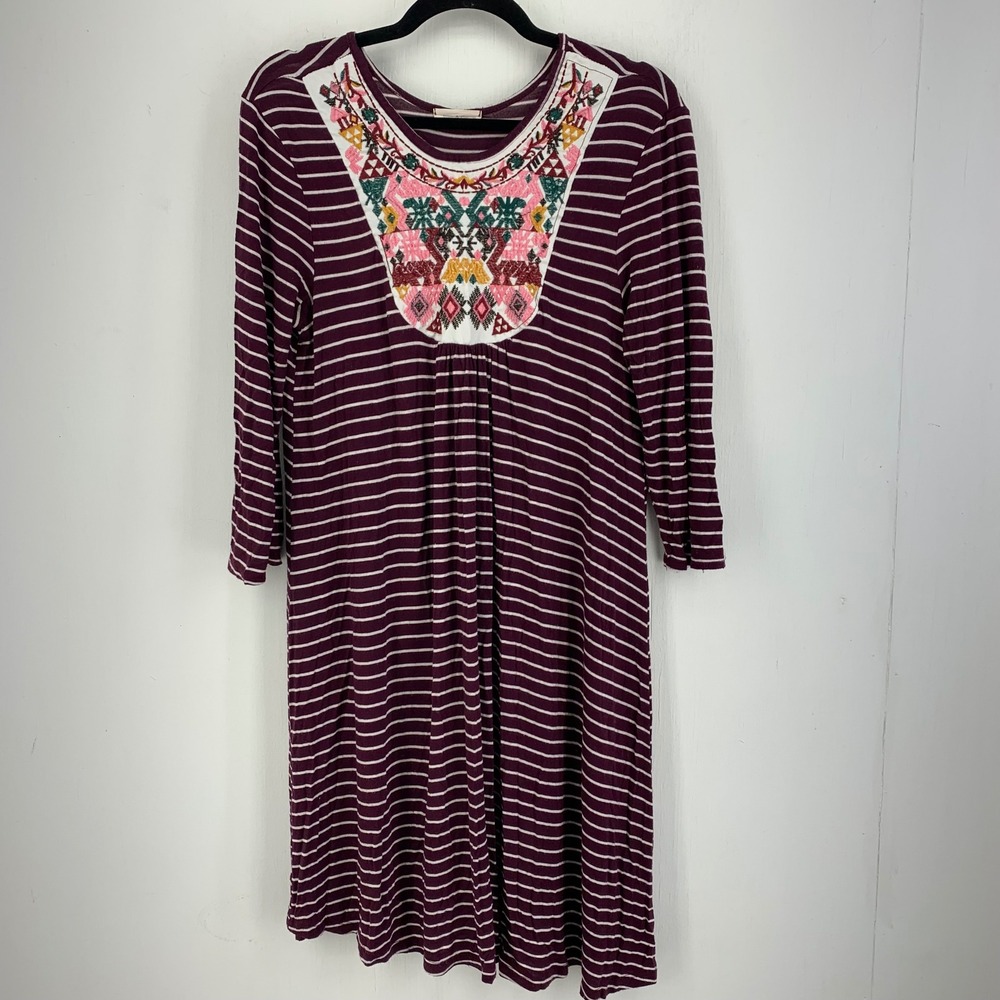 Embroidered Yoke Dress Boho Peasant Folk Comfort Stretch Artsy USA Medium Indie